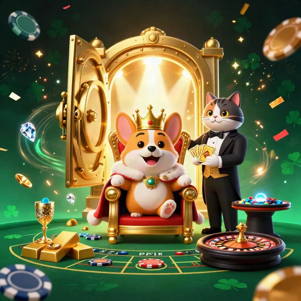 Royal corgi and cat butler in a glowing casino vault with gold, gems, and fireworks.
