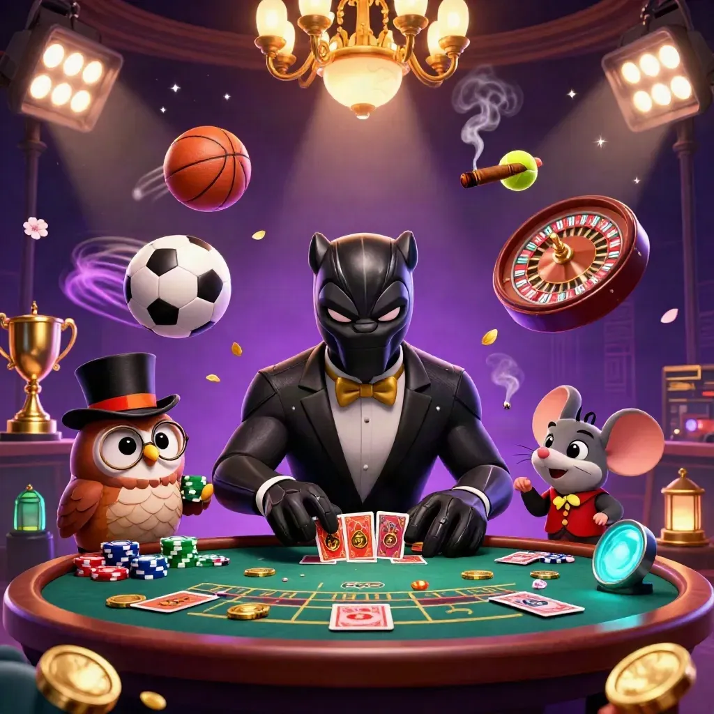 Panther, owl, and mouse in a luxe casino scene with glowing sports and magic effects
