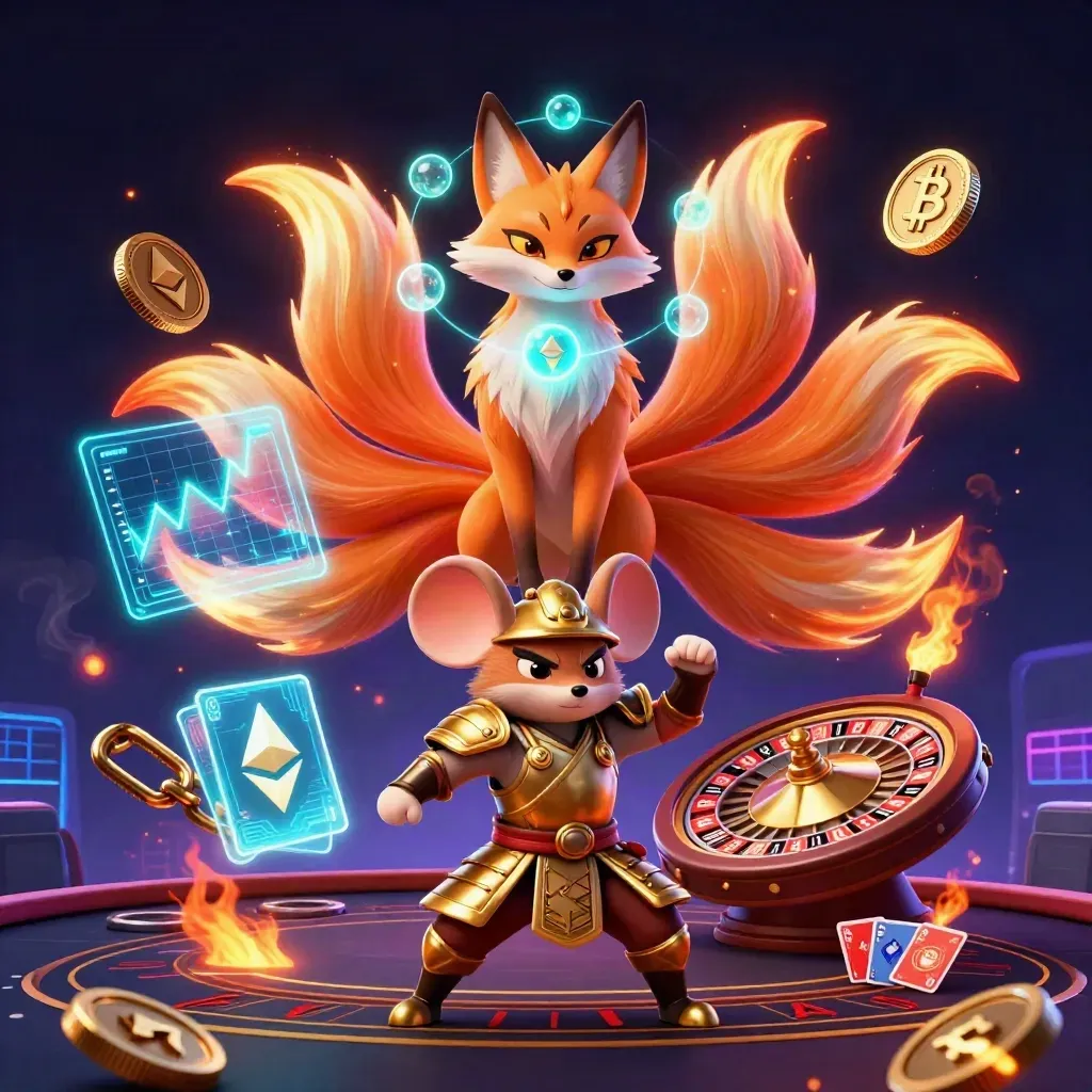 Neon fox spirit and samurai mouse with casino coins, lightning, and a futuristic neon backdrop