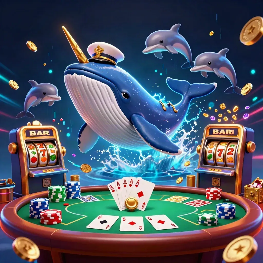 Whale captain, narwhal, and dolphins burst through coins with cards and neon cyan glow.