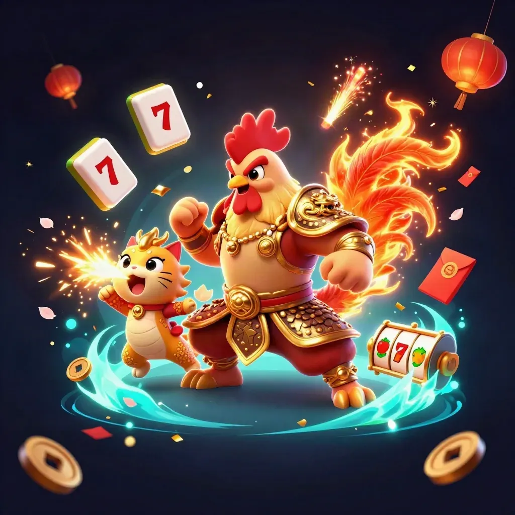 Samurai rooster, spark-breathing dragon hatchling, and cheering lucky cat amid casino energy