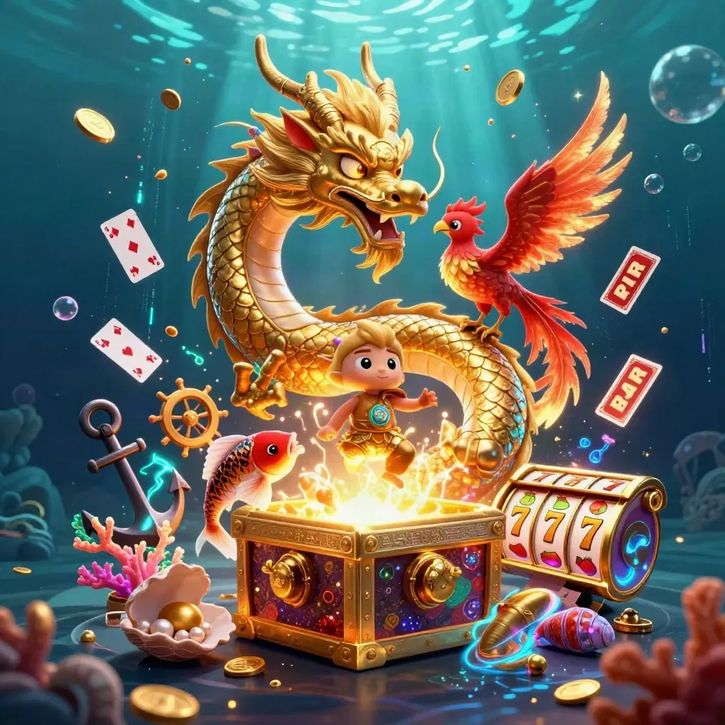 Golden dragon with phoenix and koi amid treasure, coins, coral, reels, and neon underwater effects.